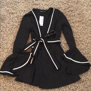 boohoo black bell sleeve wrap skater dress